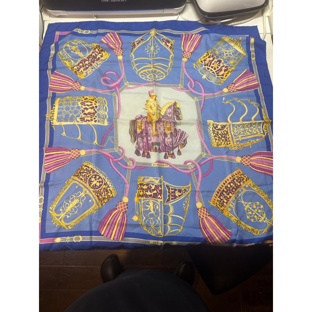 Women's Hermès Blue Gold Les Muserolles Silk Scarf One Size